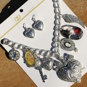 Boho Silver Heart Statement Necklace & Earring Set